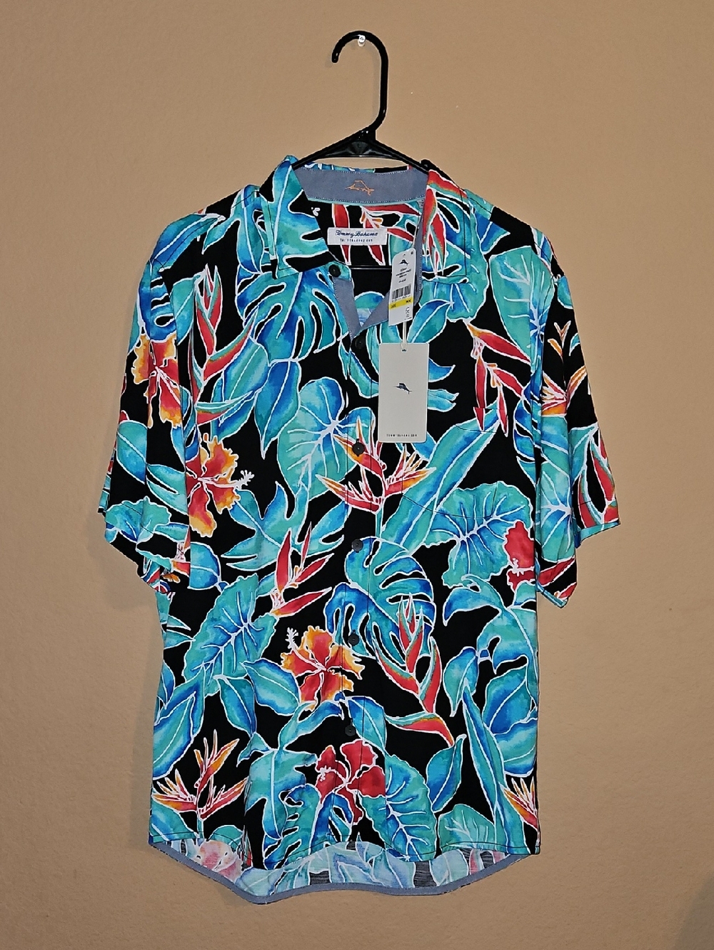 Tommy Bahama Tropical Print Short-Sleeve Shirt - Black with Blue & Red Floral